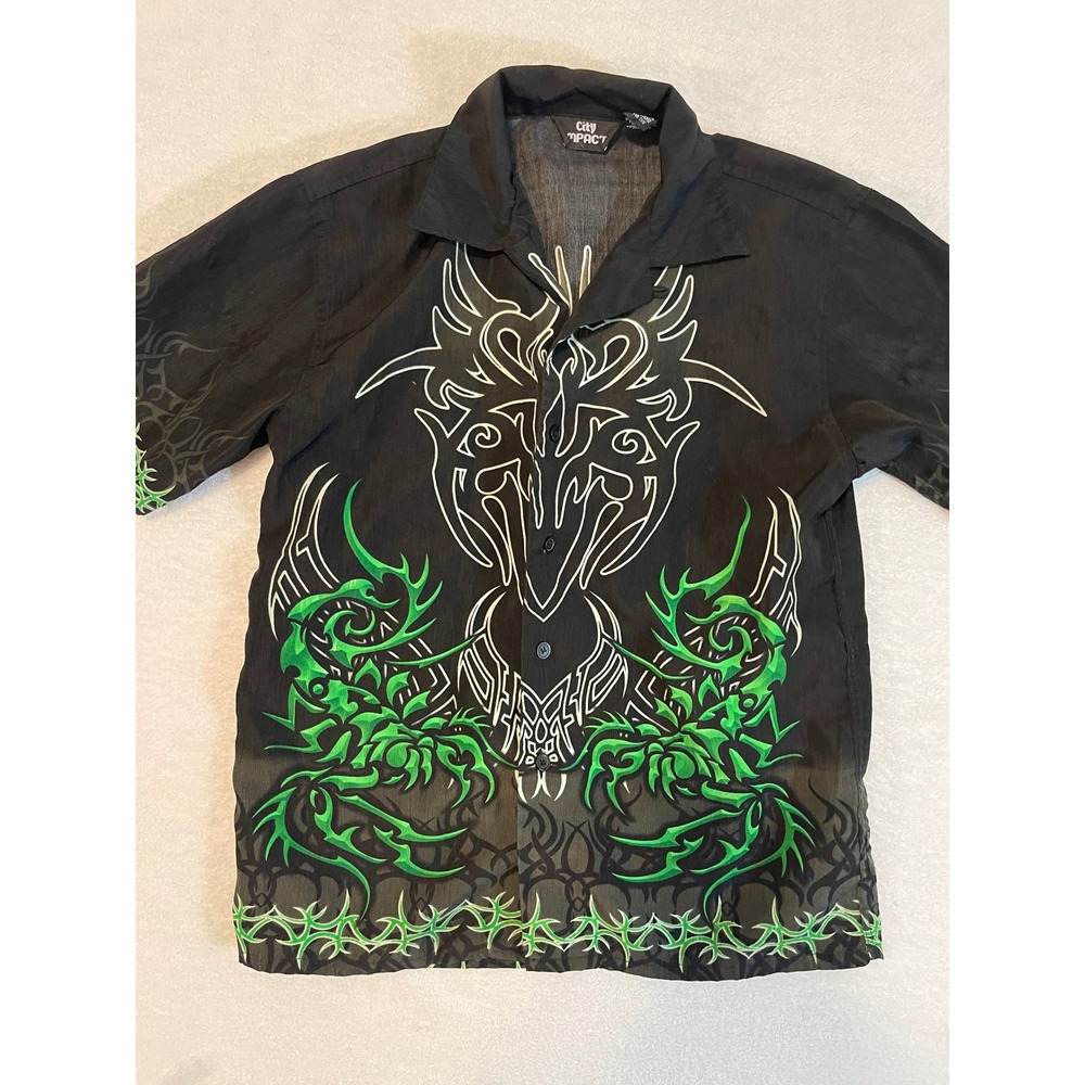 City Impact Kids Black Green Tribal Graphic Short Sleeve Button Down Shirt 12/14